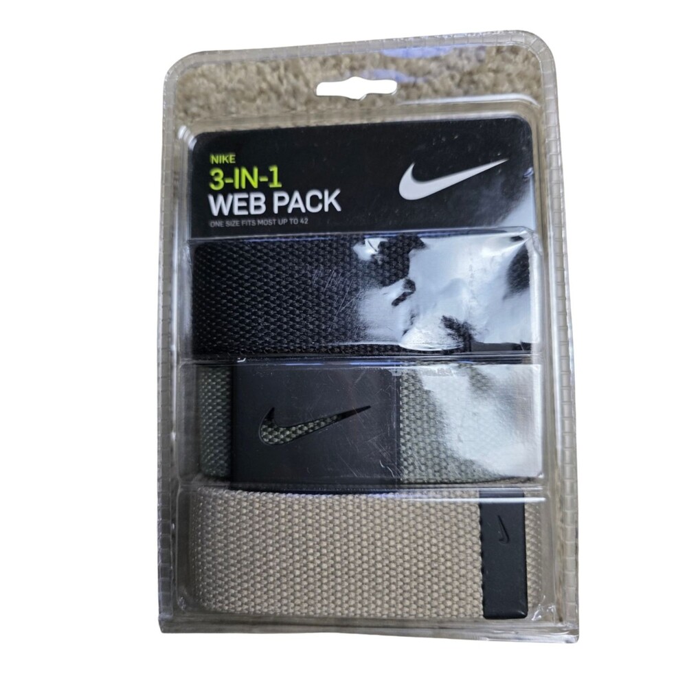 Nike 3-in-1 Web Pack Belt Set Black Olive Khaki Adjustable Fits Up To 42